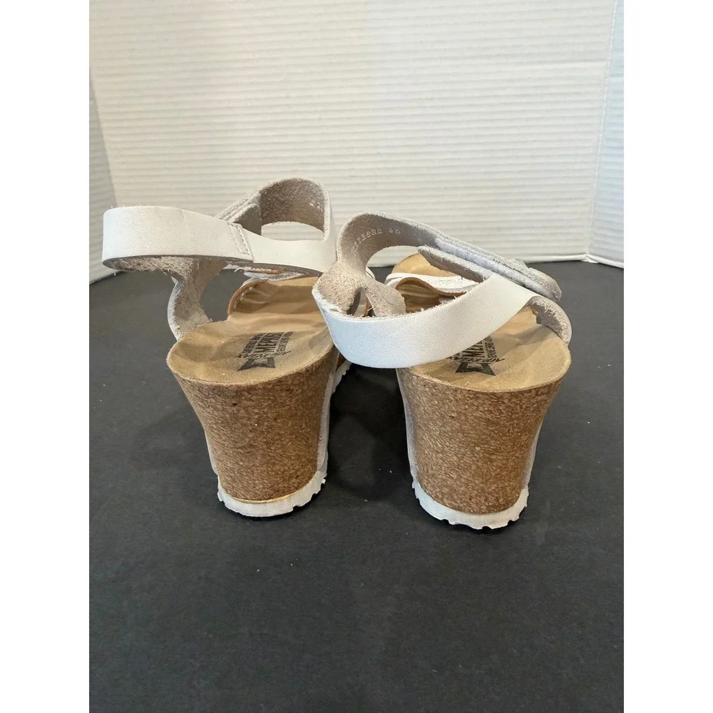 Mephisto Lucia White Silver Leather Cork Slingback Wedge Sandals Sz 9.5 EU 40